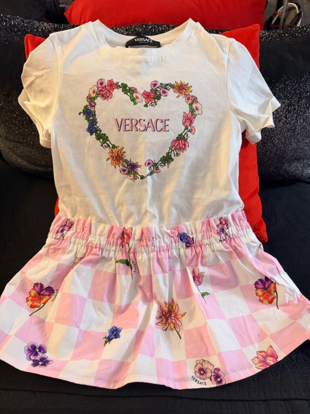 Versace Girls White Tee with Pink Gingham Floral Skirt Set